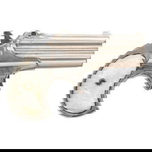 **Remington Model 95 Over & Under Derringer with Mother of Pearl Grips: **Remington Model 95 Over &amp; Under Derringer with Mother of Pearl Grips .41RF Short. 3" barrels. SN: 115. Nickel finish, fire blued small parts, smooth mother of pearl grips. Single action spur tri