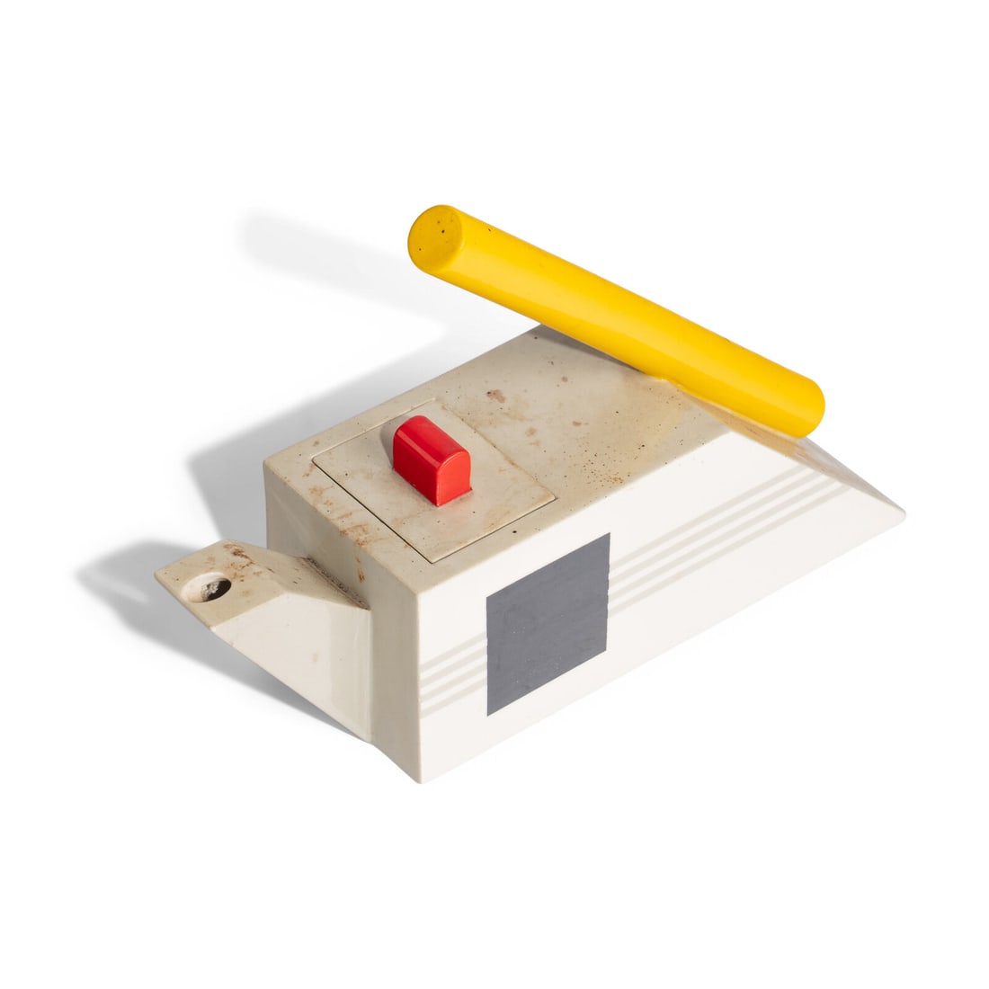 Michael Duvall (American, 1951–2004) Postmodern Tea Pot, 1983: Michael Duvall (American, 1951–2004) Postmodern Tea Pot, 1983 glazed and painted ceramic incised Duvall '83 to underside 7 3/4 h x 11 w x 3 1/4 d inches. Alan and Esther Saks Collection This lot