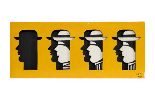 Yannis Gaïtis (Greek, 1923–1984) Heads in yellow box with black interior: Yannis Gaïtis (Greek, 1923–1984) Heads in yellow box with black interior oil on wood construction signed and numbered Gaïtis/ 11/25 (lower right) 15 1/2 x 37 x 2 1/2 inches. Property