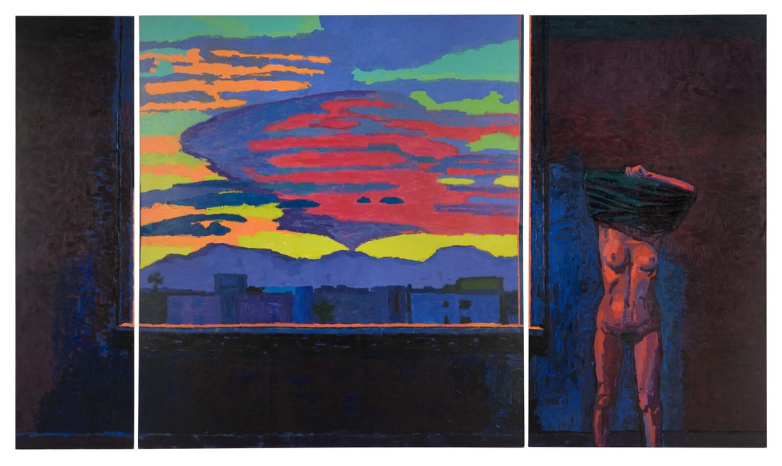 Graham Nickson (American/British, 1946–2025) Red Cloud (triptych), 1984: Graham Nickson (American/British, 1946–2025) Red Cloud (triptych), 1984 acrylic on canvas signed Graham Nickson, titled and dated (each panel verso) 108 x 180 inches. This lot is located in Chicago.