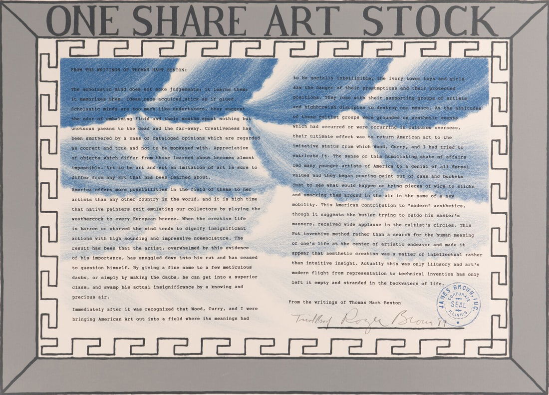Roger Brown (American, 1941-1997) One Share Art Stock, 1989: Roger Brown (American, 1941-1997) One Share Art Stock, 1989 lithograph signed, dated, and inscribed 'Trial Proof' in pencil 13 1/2 × 18 3/4 inches. Property from the Collection of Gregory Brown This