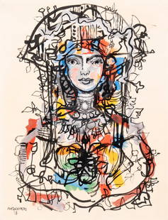 René Portocarrero (Cuban, 1912-1985) Dama con Flores, 1978: Ren&#233; Portocarrero (Cuban, 1912-1985) Dama con Flores, 1978 mixed media on paper laid to board signed Portocarrero and dated (lower left) 25 5/8 x 19 3/4 inches. This lot is located in Chicago. Pr