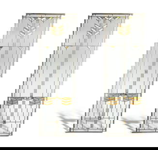 Style of Frank Lloyd Wright, Late 20th Century, Pair of Window Panels: Style of Frank Lloyd Wright Late 20th Century Pair of Window Panels stained glass 44 3/4 h x 14 w inches. This lot is located in Chicago.
