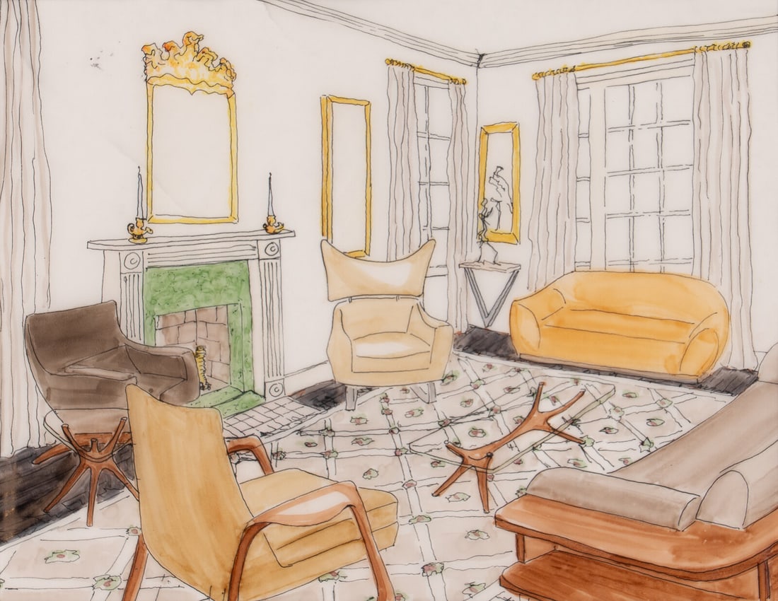 Vladimir Kagan (American, 1927-2016) Living Room Schematic of the Kagan's First New York Apartment: Vladimir Kagan (American, 1927-2016) Living Room Schematic of the Kagan's First New York Apartment watercolor and ink on vellum 13 1/4 x 10 1/4 inches. From the Estate of Vladimir Kagan This lot is lo