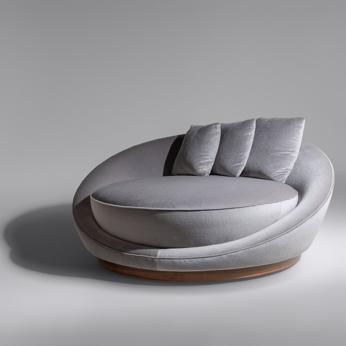 Style of Milo Baughman, 20th Century, Satellite chaise: Style of Milo Baughman 20th Century Satellite chaise walnut, foam, mohair 29 h x 58 w x 54 d inches. This lot is located in Chicago.