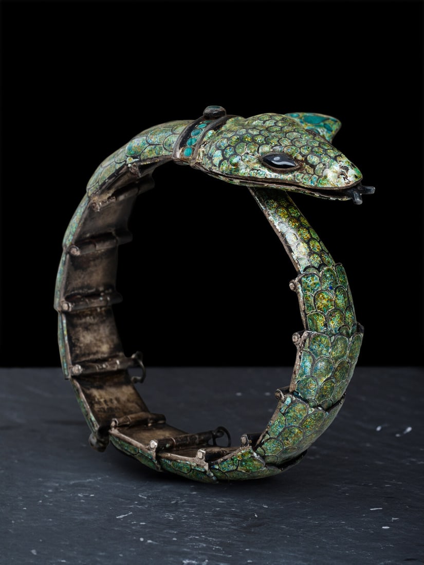 Margot de Taxco (American-born, d.1985) Taxco Enamel and Silver Snake Bracelet (1 of 2)