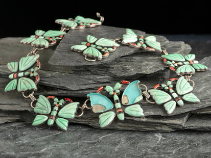 Federico Jimenez (Mixtec, b. 1941) Sterling Silver and Mosaic Inlay Butterfly Necklace: Federico Jimenez (Mixtec, b. 1941) Sterling Silver and Mosaic Inlay Butterfly Necklace marked with a conjoined JF and STERLING length 22-1/2 inches, weight 116.6 dwt.