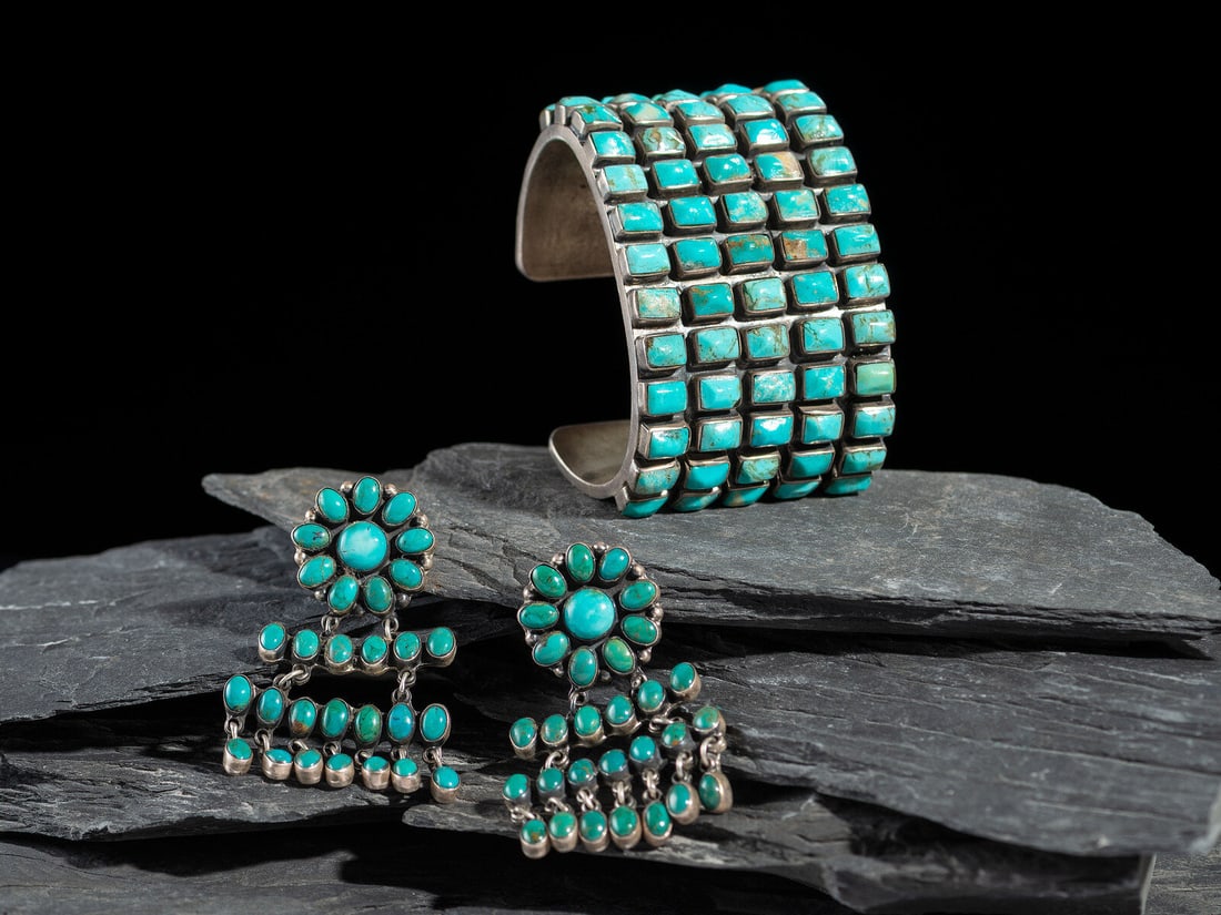 Federico Jimenez (Mixtec, b. 1941) Sterling Silver and Turquoise Cluster Cuff Bracelet and Clip (1 of 2)