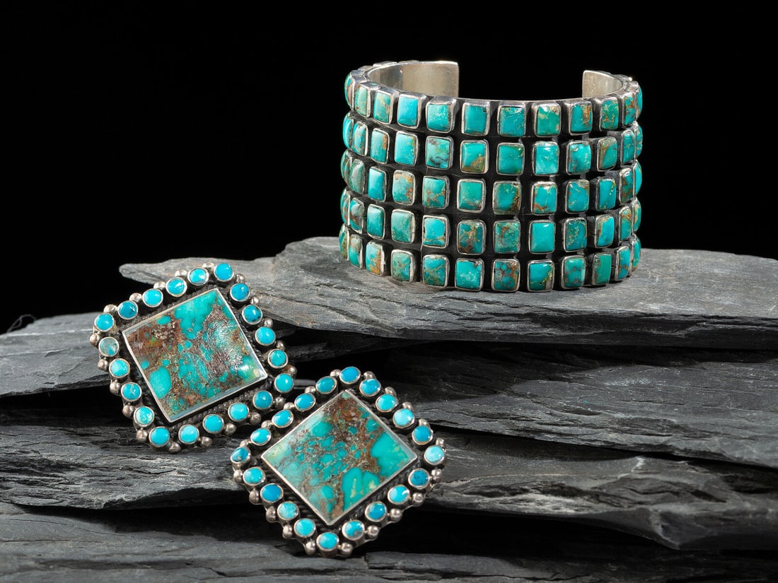 Federico Jimenez (Mixtec, b. 1941) Sterling Silver and Turquoise Cluster Cuff Bracelet and Post (1 of 2)
