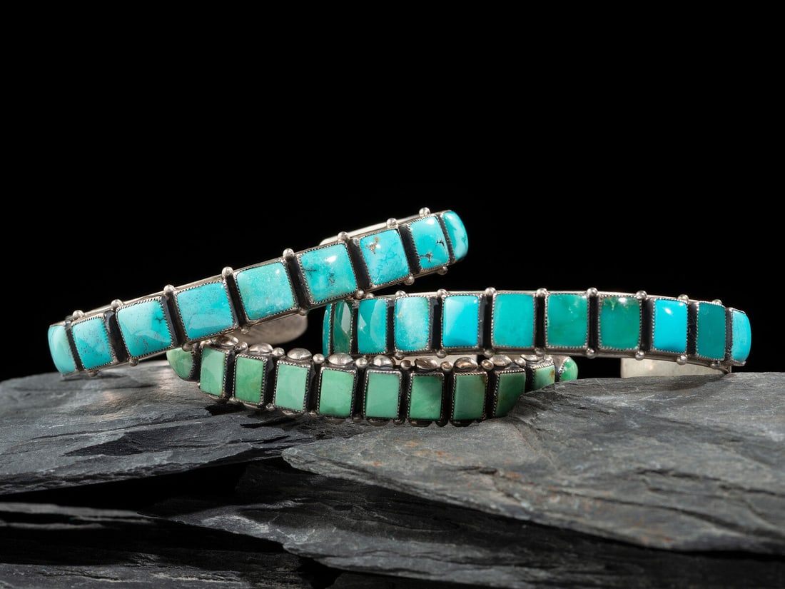 Don Lucas (American, 20th/21st century) Southwestern-style Slender Sterling Silver and Turquoise: Don Lucas (American, 20th/21st century) Southwestern-style Slender Sterling Silver and Turquoise Cuff Bracelets lot of 3, includes: two signed DON LUCAS and marked STERLING cuff width 3/8 inch, interi