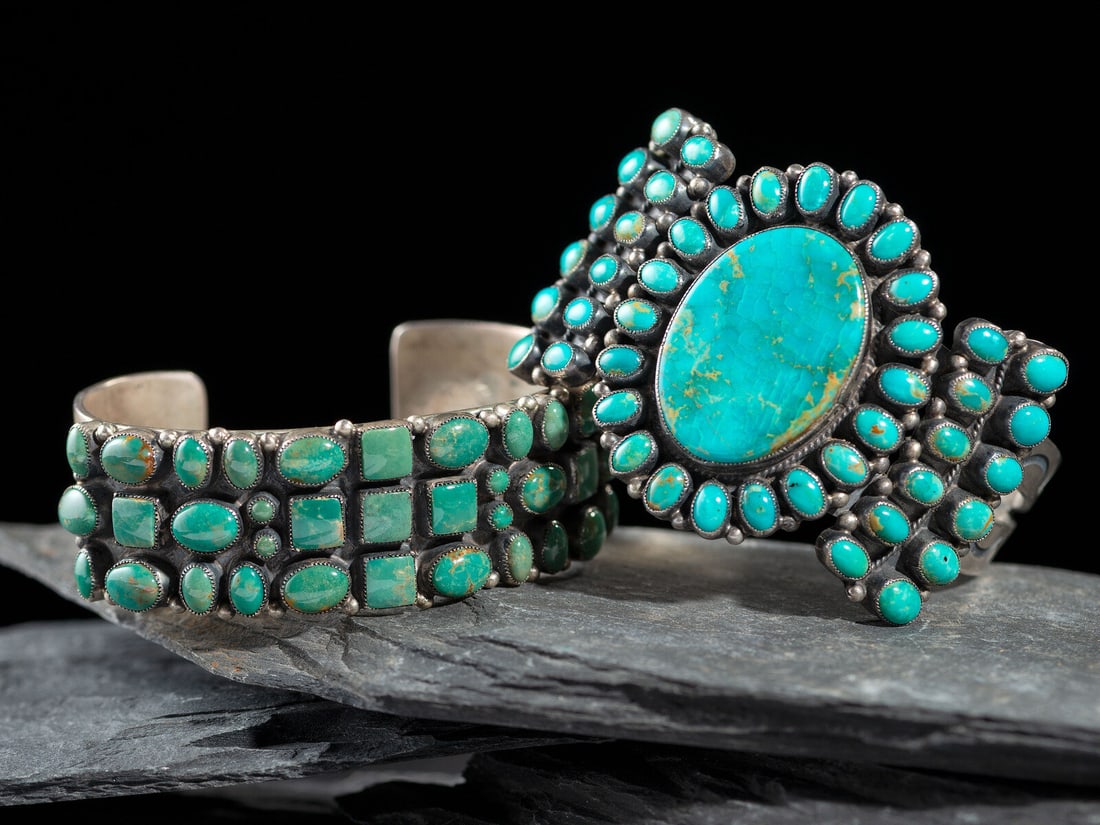 Don Lucas (American, 20th/21st century) Southwestern-style Sterling Silver and Turquoise Cluster: Don Lucas (American, 20th/21st century) Southwestern-style Sterling Silver and Turquoise Cluster Cuff Bracelets lot of 2, both marked DON LUCAS STERLING, sizes include: cuff width 13/16 inch, interior