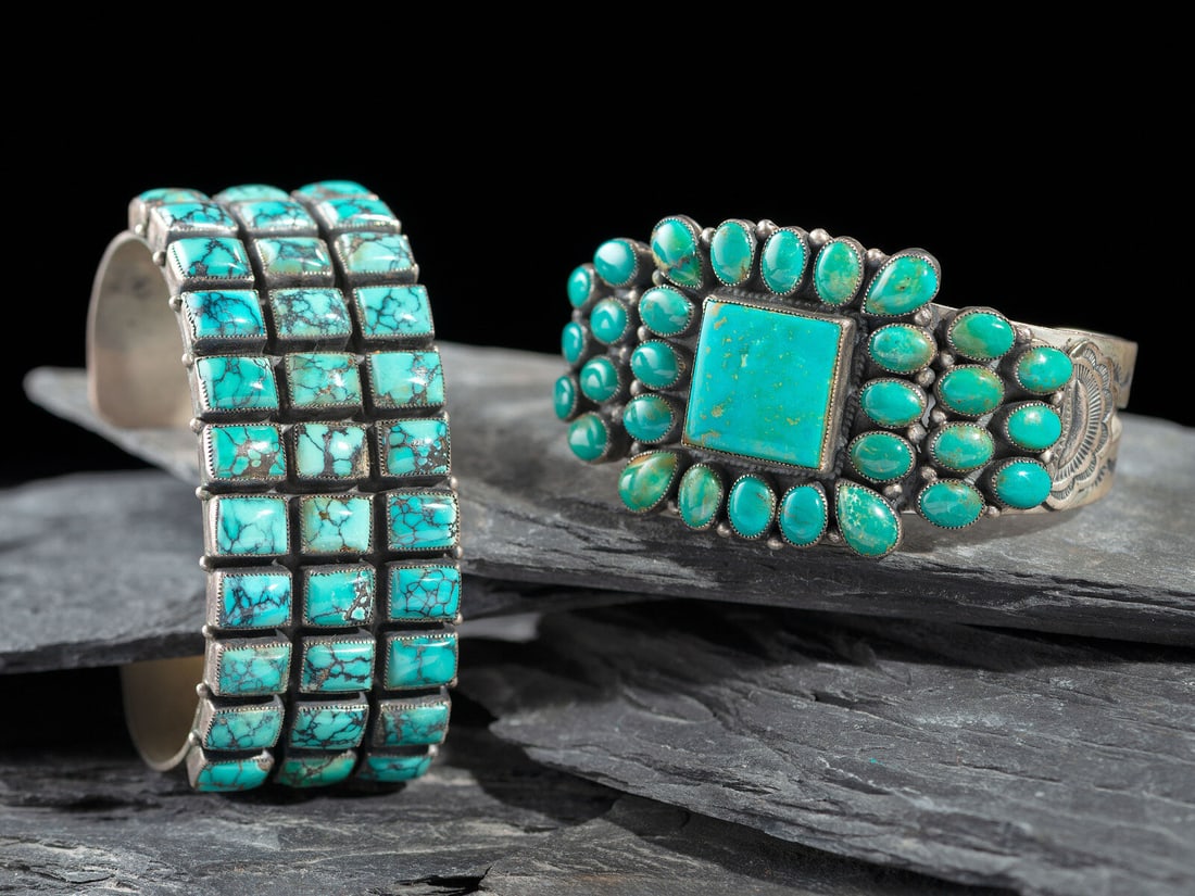 Don Lucas (American, 20th/21st century) Southwestern-style Sterling Silver and Turquoise Cluster: Don Lucas (American, 20th/21st century) Southwestern-style Sterling Silver and Turquoise Cluster Cuff Bracelets lot of 2, both marked DON LUCAS STERLING, includes: cuff width 1-1/8 inches, interior ci