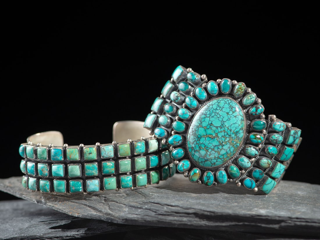 Don Lucas (American, 20th/21st century) Southwestern-style Sterling Silver and Turquoise Cluster: Don Lucas (American, 20th/21st century) Southwestern-style Sterling Silver and Turquoise Cluster Cuff Bracelets lot of 2, both marked DON LUCAS STERLING, includes: cuff width 3/4 inch, interior circum