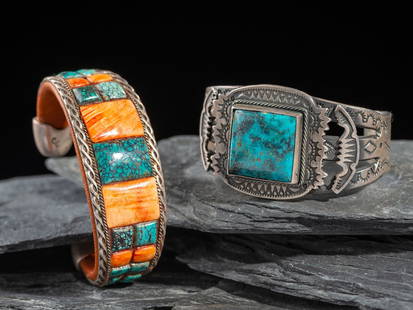 Charlie Favour (American, b. 1950) Southwestern-style Silver, Spiny Oyster, and Turquoise Cuff: Charlie Favour (American, b. 1950) Southwestern-style Silver, Spiny Oyster, and Turquoise Cuff Bracelet, PLUS lot of 2, includes: a silver cuff lined on the interior with leather and set with spiny oy