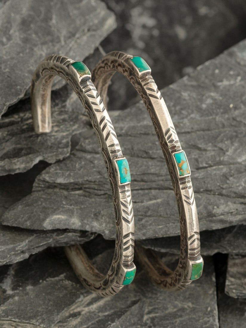 Jock Favour (American, 20th/21st century) Pair of Matching Southwestern-Style Ingot and Turquoise: Jock Favour (American, 20th/21st century) Pair of Matching Southwestern-Style Ingot and Turquoise Cuff Bracelets lot of 2, both marked JF (both with a bad strike, but still legible under loop), includ