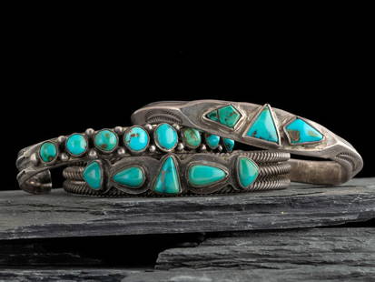 Navajo Slender Ingot and Turquoise Cuff Bracelets: Navajo Slender Ingot and Turquoise Cuff Bracelets first quarter 20th century lot of 3, none are marked, includes: a twisted wire cuff set with five turquoise stones in differing shapes cuff width 1/2