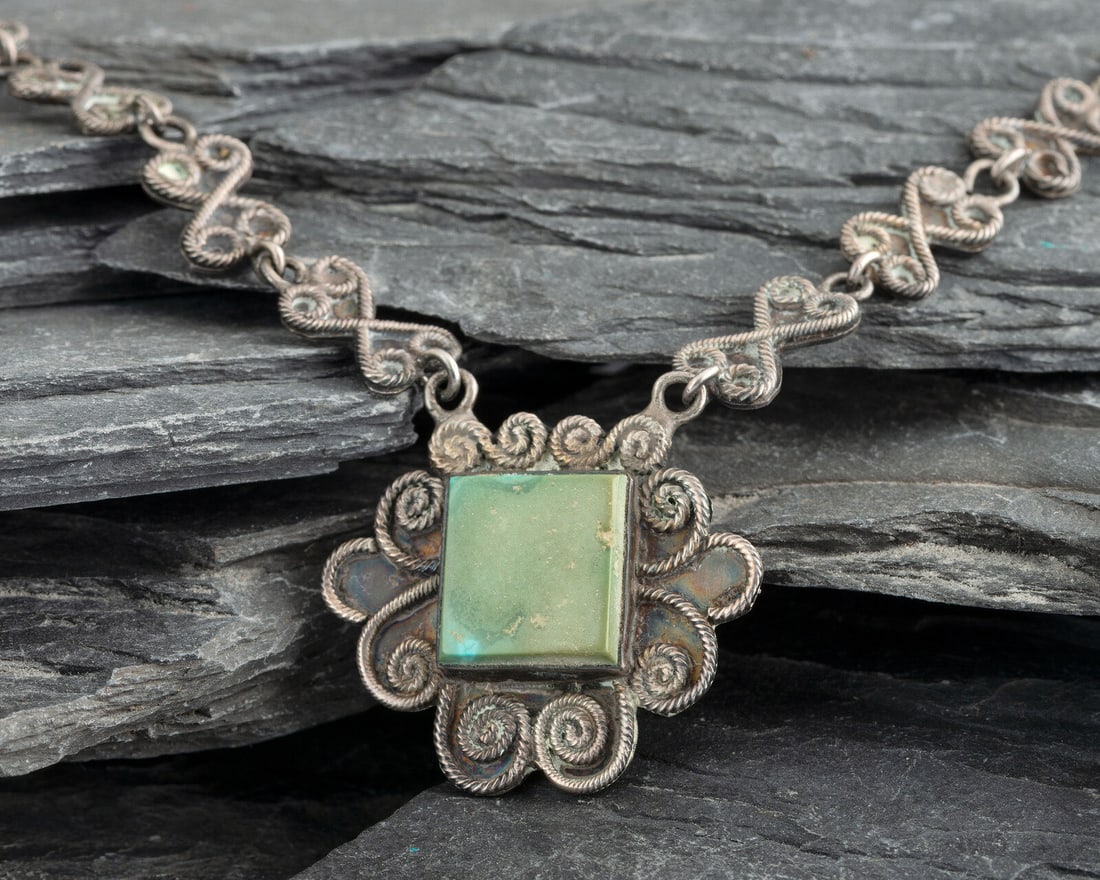 Navajo or Pueblo Silver Filagree and Turquoise Necklace (1 of 2)