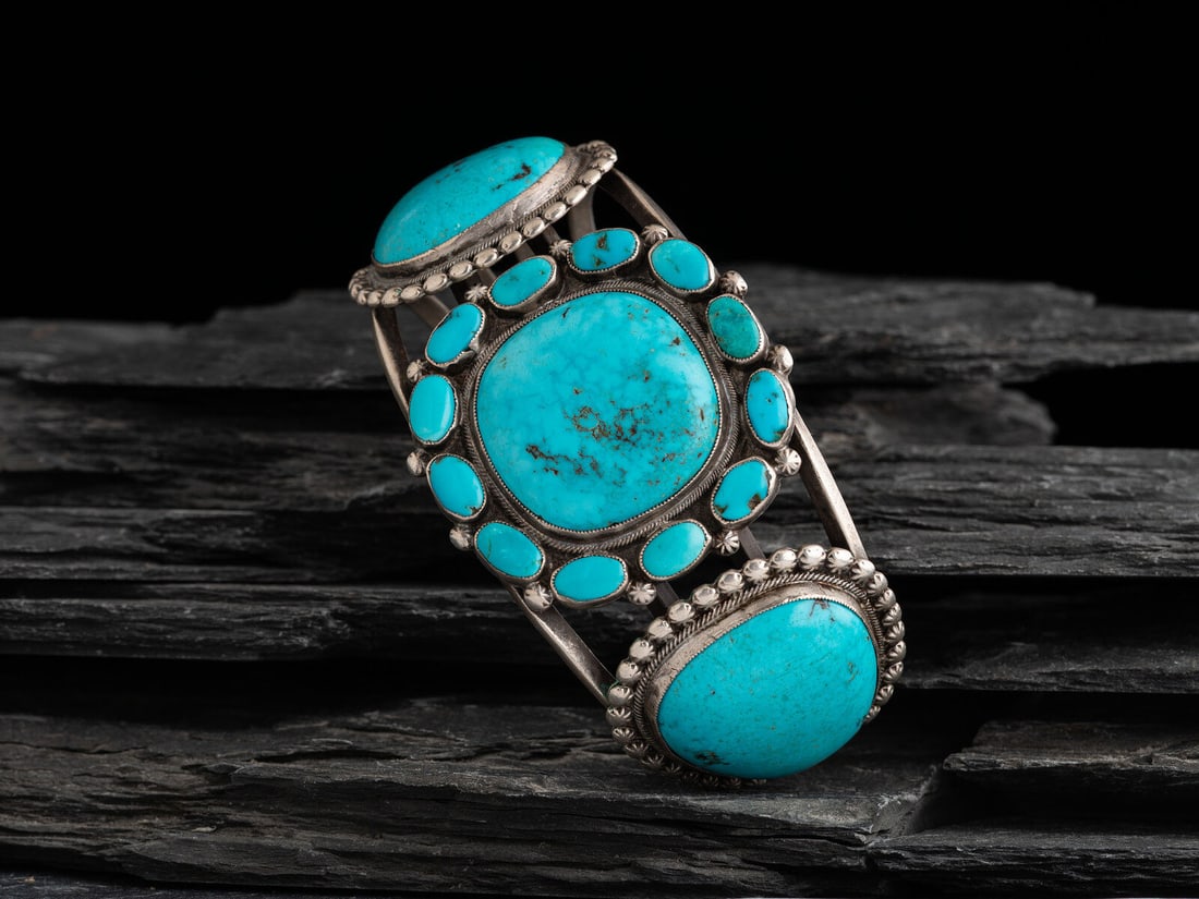 Large Navajo Silver and Turquoise Cluster Cuff Bracelet (1 of 2)