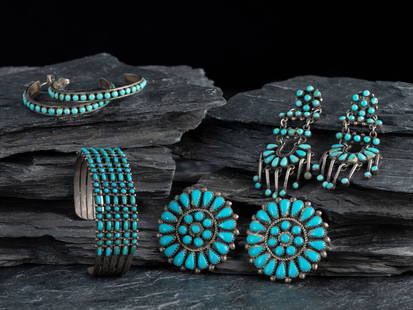 Zuni or Navajo Silver and Turquoise Cluster Jewelry: Zuni or Navajo Silver and Turquoise Cluster Jewelry mid - third quarter 20th century lot of 4, includes: a cuff bracelet set with five rows of nineteen turquoise stones; further embellished with stamp