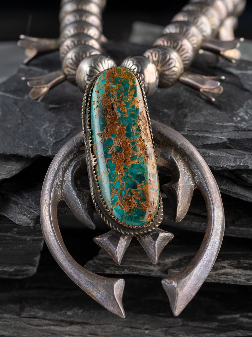 Navajo Sterling Silver and Turquoise Squash Blossom Necklace (1 of 2)