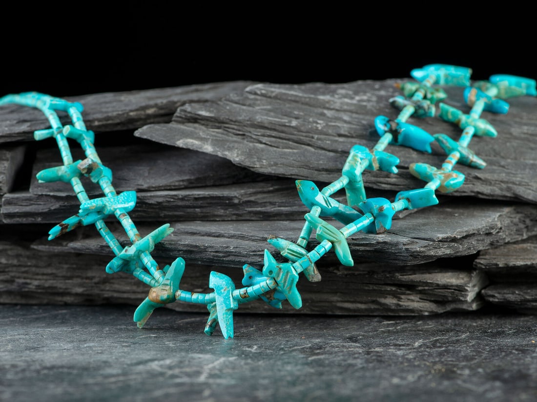 Zuni Double-strand Turquoise Fetish Necklace: Zuni Double-strand Turquoise Fetish Necklace third quarter 20th century not marked length 32-3/4 inches, weight 24.6 dwt. From the Collection of Fred Wilson, AZ This lot is located in Cincinnati.