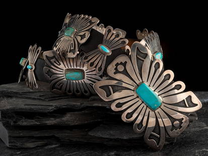 Bernard Dawahoya (Hopi, 1937-1913) Large Sterling Silver and Turquoise Concha Belt: Bernard Dawahoya (Hopi, 1937-1913) Large Sterling Silver and Turquoise Concha Belt six rectangular conchas alternate with seven butterflies, marked with artist's raincloud hallmark concha height 2-3/4