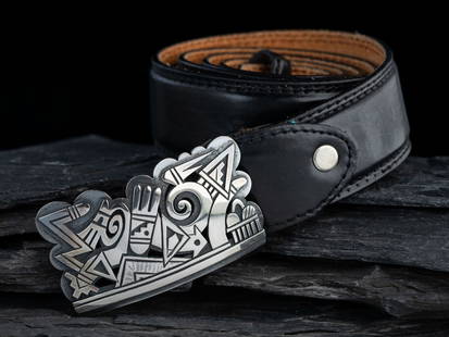 Michael Kabotie, Lomawywesa (Hopi, 1942-2009) Abstract Silver Overlay Belt Buckle: Michael Kabotie, Lomawywesa (Hopi, 1942-2009) Abstract Silver Overlay Belt Buckle signed LOMAWYWESA buckle height 1-3/4 inches x length 3 inches, belt width 1-1/2 inches x length 40-1/2 inches, buckle