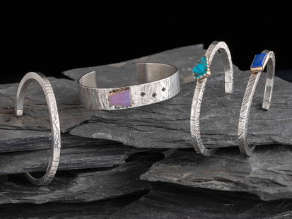 Gail Bird and Yazzie Johnson (Diné, b. 1949 / 1946) Four Sterling Silver Cuff Bracelets, Three: Gail Bird and Yazzie Johnson (Din&#233;, b. 1949 / 1946) Four Sterling Silver Cuff Bracelets, Three with 14K Gold Accents lot of 4, all marked GY, sizes include: hammered silver example cuff width 1/8