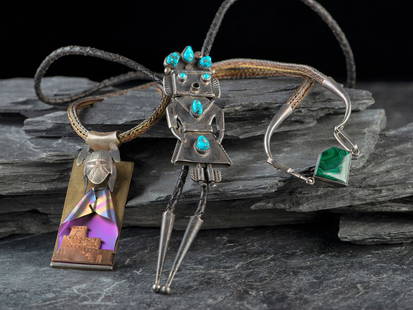Howard Sice (Hopi-Laguna, b. 1948) Mixed Media Maiden Necklace, PLUS: Howard Sice (Hopi-Laguna, b. 1948) Mixed Media Maiden Necklace, PLUS lot of 2, includes a necklace crafted from brass, silver, and copper; set with malachite on the findings and features a pendant wit