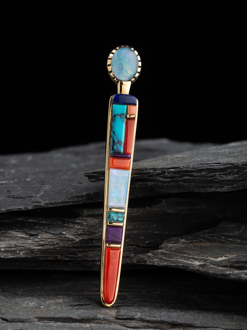 Verma Nequatewa, Sonwai (Hopi, b. 1949) 18K Gold Corn Maiden Brooch / Pin, set with Opal, Turquoise, (1 of 3)