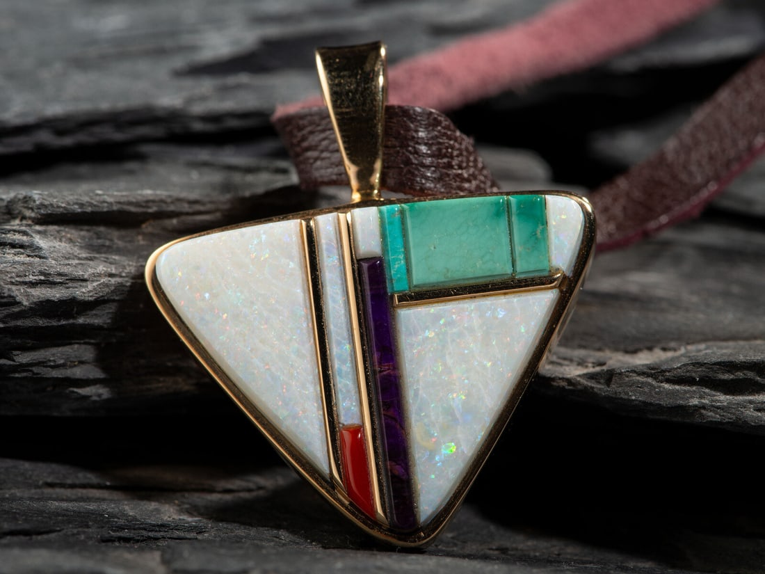 Verma Nequatewa, Sonwai (Hopi, b. 1949) Reversible 14K Gold Pendant, set with Coral, Opal, (1 of 2)