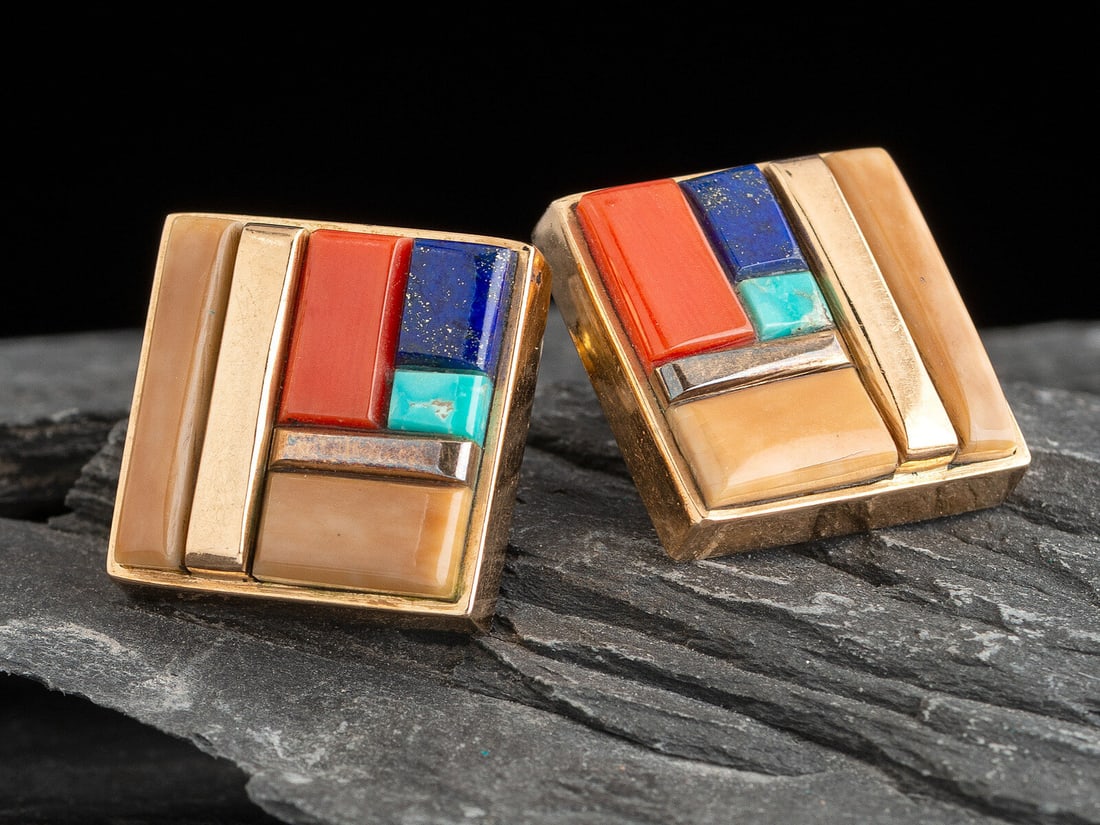 Jesse Monongya  (Hopi-Diné, 1952-2024) 14K Gold Post Earrings, with Channel Inlay (1 of 2)