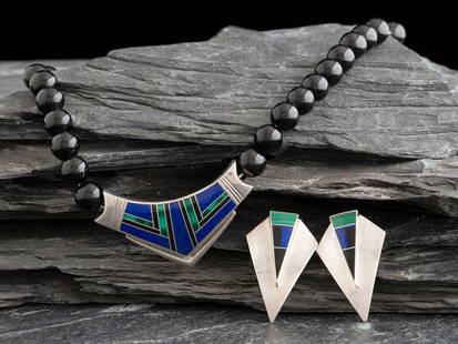Ray Tracey (Diné, b. 1953) Sterling Silver Lapis, and Malachite Necklace AND Earrings: Ray Tracey (Din&#233;, b. 1953) Sterling Silver Lapis, and Malachite Necklace AND Earrings lot of 2, both marked STERLING with artist K-wing hallmark, includes: single-strand necklace length 15 inches