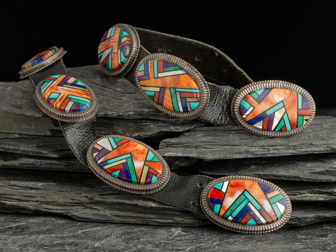 Ray Jack (Diné, 20th century) Sterling Silver and Mosaic Inlay Concha Belt (1 of 3)