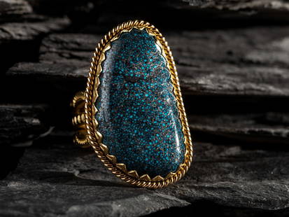 Perry Shorty (Diné, b. 1964) 18K Gold and 22.7ct Lander Blue Turquoise Ring: Perry Shorty (Din&#233;, b. 1964) 18K Gold and 22.7ct Lander Blue Turquoise Ring stamped split shank ring with stamped serrated and twisted wire bezel; signed P. SHORTY and marked 18K size 9.25, weigh