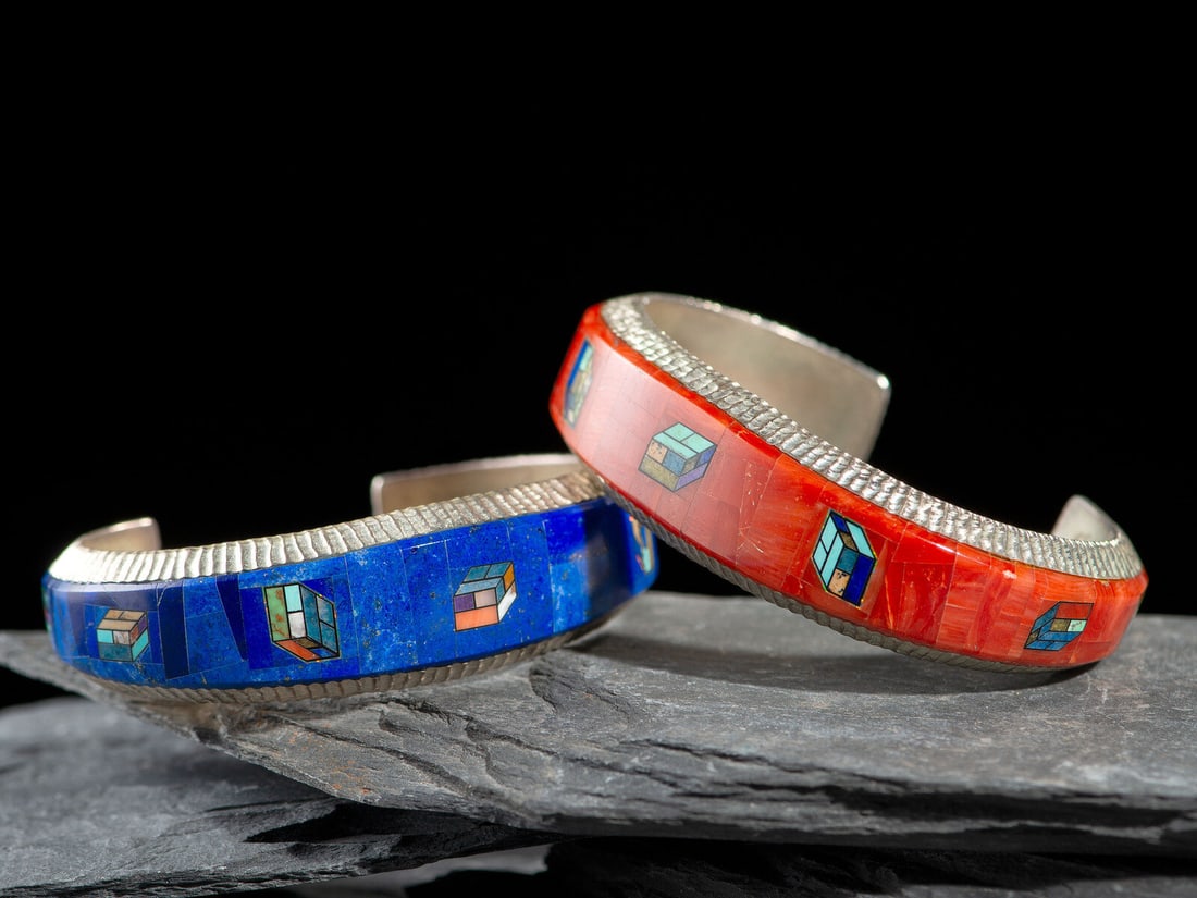 Alvin Yellowhorse (Diné, b. 1968) Pair of Sterling Silver and Mosaic Inlay Cuff Bracelets, with: Alvin Yellowhorse (Diné, b. 1968) Pair of Sterling Silver and Mosaic Inlay Cuff Bracelets, with Rubix's Cube Design lot of 2, both signed ALVIN YELLOWHORSE and marked with the artist's horse head