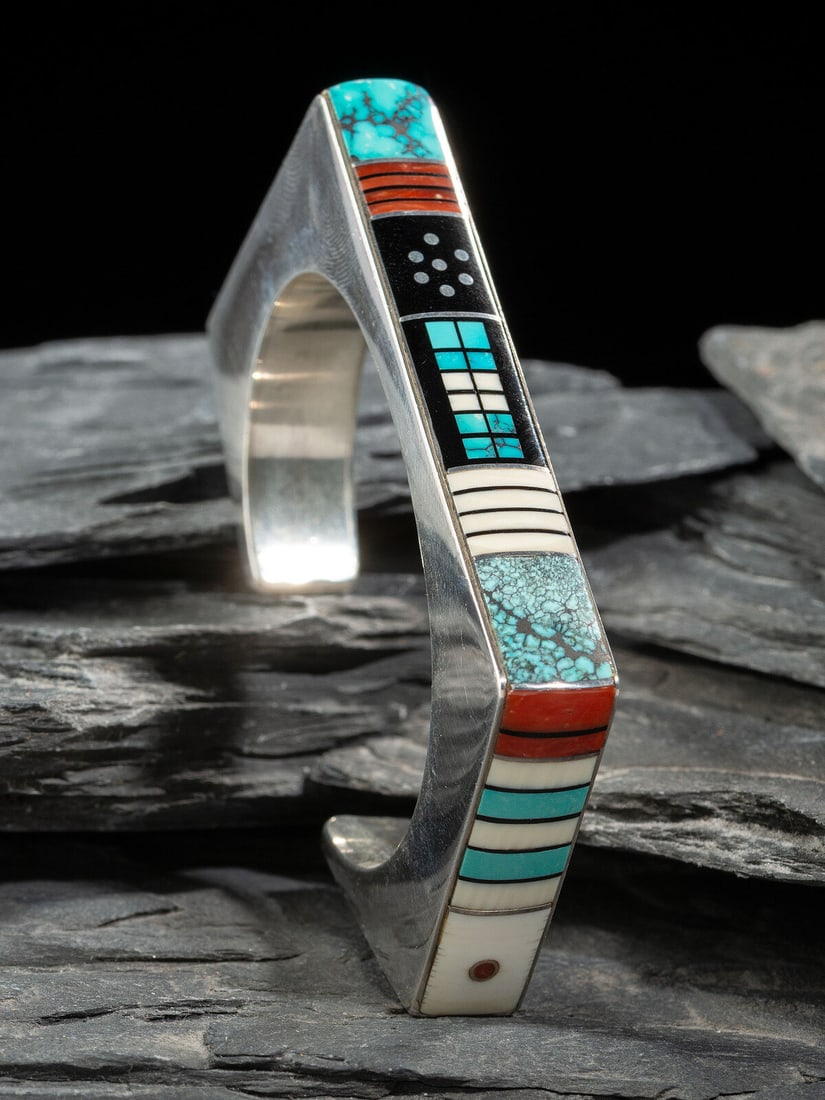 Jim Harrison (Diné, 20th century) Angular Sterling Silver Cuff Bracelet, with Mosaic Inlay (1 of 3)