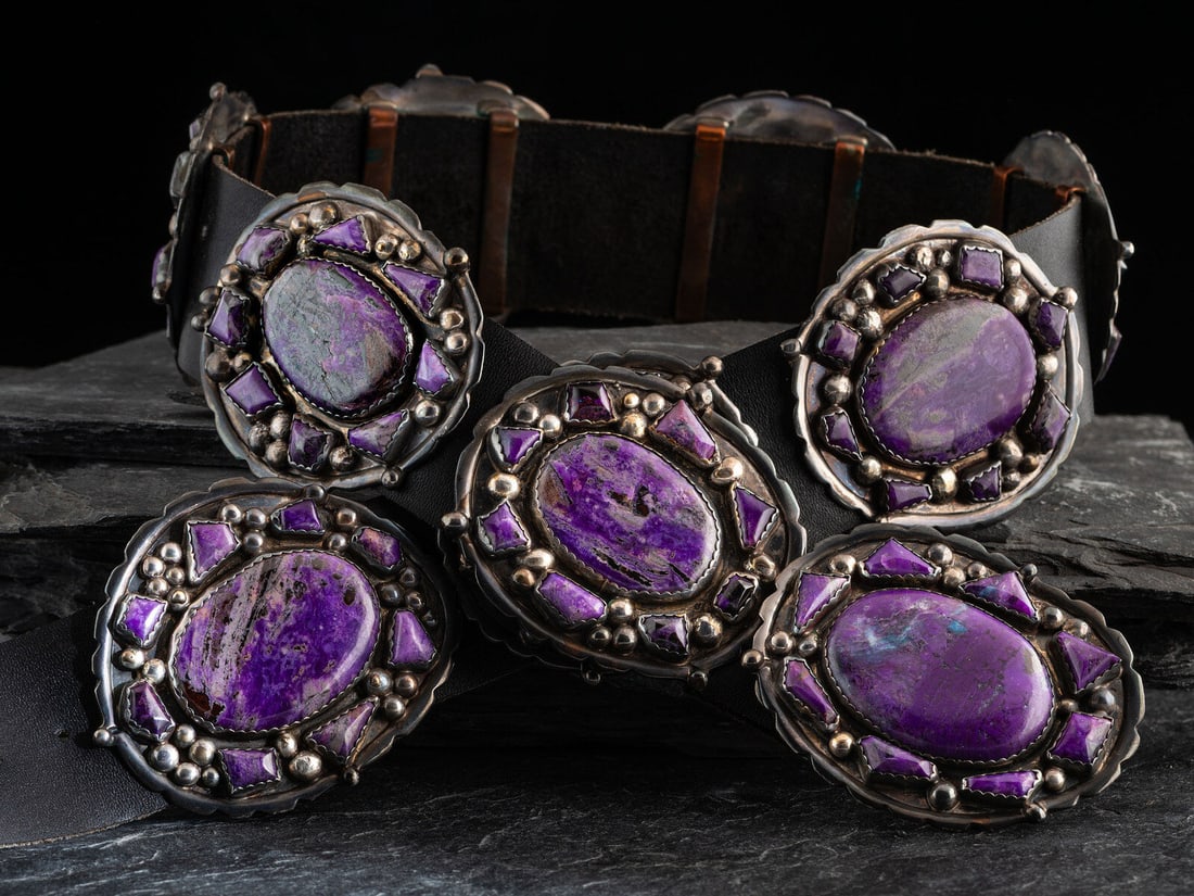 Eric and Carol Fierro (Diné, 20th/21st century) Sterling Silver and Sodalite Concha Belt: Eric and Carol Fierro (Diné, 20th/21st century) Sterling Silver and Sodalite Concha Belt nine conchas and matching buckle; signed E & C FIERRO and marked STERLING concha/buckle height 2-1/2 i