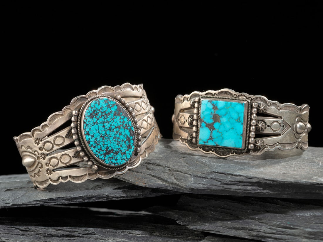 Aaron Toadlena (Diné, act. since 1990s) Traditional Sterling Silver and High-Grade Turquoise: Aaron Toadlena (Diné, act. since 1990s) Traditional Sterling Silver and High-Grade Turquoise Cuff Bracelets lot of 2, both signed AARON TOADLENA and marked with artist's hand hallmark and STERLIN