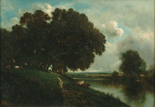 DAVID JOHNSON (American 1827-1908) CATTL: DAVID JOHNSON (American 1827-1908) CATTLE BY A RIVER signed with initials "DJ" bottom left, signed "David Johnson" verso, oil on canvas 8 5/8 x 12 1/4 in. (21.9 x 31.1 cm).