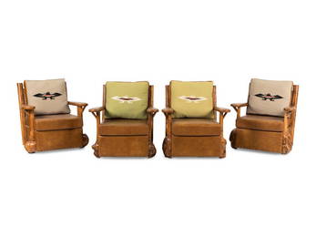 Four Leather and Burlwood Adirondack Chairs in the Manner of Thomas Molesworth