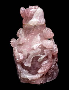 A Large Chinese Rose Quartz Covered 'Flower' Vase: A Large Chinese Rose Quartz Covered 'Flower' Vase 20th Century carved in openwork with winding flower branches, vase at cover meeting at carved keyfret bands. Height 12 1/2 in., 31.8 cm.