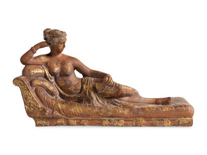 After Antonio Canova, 20th Century: After Antonio Canova, 20th Century Pauline Borghese as Venus Victrix parcel-gilt terracotta Height 18 x width 33 x depth 10 inches. This lot is located in