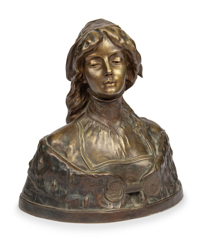 Maurice LeBlanc (French, 19th C.) Bust of a Young Woman: Maurice LeBlanc (French, 19th C.) Bust of a Young Woman bronze signed at base Height 16 1/4 x width 15 1/4 inches. This lot is located in Chicago. Size Height