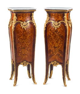 A Pair of Louis XV Style Gilt Bronze Mounted Marquetry Pedestals: A Pair of Louis XV Style Gilt Bronze Mounted Marquetry Pedestals Height 48 x width 16 x depth 16 inches. This lot is located in Cincinnati.