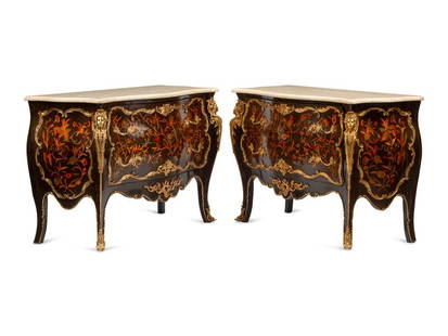 A Pair of Louis XV Style Marquetry and Gilt Bronze Mounted Marble-Top Commodes: A Pair of Louis XV Style Marquetry and Gilt Bronze Mounted Marble-Top Commodes 20th Century Height 37 1/2 x width 53 x depth 24 inches. This lot is located in Cincinnati.