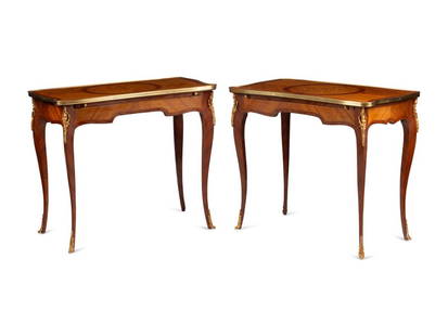A Pair of Louis XV Style Gilt Bronze Mounted Marquetry Tables: A Pair of Louis XV Style Gilt Bronze Mounted Marquetry Tables 20th Century Height 28 1/2 x width 33 x depth 18 1/2 inches. This lot is located in Cincinnati.