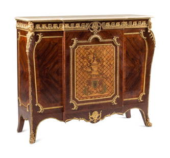 A French Gilt Bronze Mounted Marquetry Marble-Top Cabinet: A French Gilt Bronze Mounted Marquetry Marble-Top Cabinet 20th Century Height 46 x width 55 x depth 19 inches. This lot is located in Cincinnati.