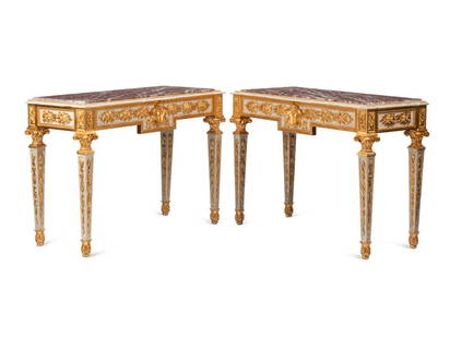 A Pair of Italian Neoclassical Style Painted and Parcel Gilt Console Tables: A Pair of Italian Neoclassical Style Painted and Parcel Gilt Console Tables 20th Century Height 35 x width 49 x depth 20 1/2 inches. This lot is located in Cincinnati. <