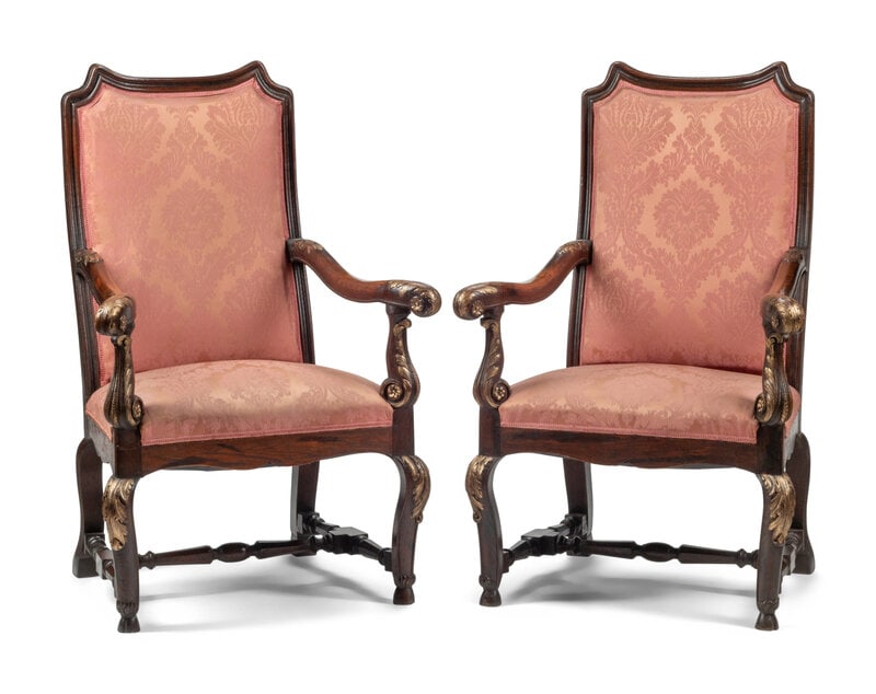A Pair of Anglo-Colonial Parcel Gilt Armchairs: A Pair of Anglo-Colonial Parcel Gilt Armchairs First Half 20th Century Height 49 x width 30 x depth 26 inches. This lot is located in Cincinnati. Condition